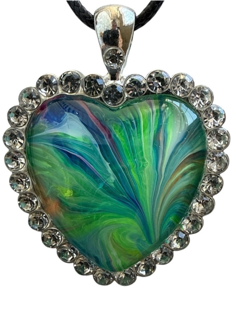 Hand Crafted Heart Necklace Green Blue Fluid Art Pendant by Svetlana Yeung